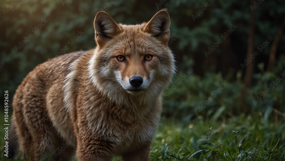 Naklejka premium wolf in the wild , A coyote stands in a grassy area, surrounded by trees.