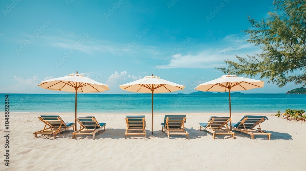 Serene Solar Powered Beach Retreat with Umbrellas and Lounge Chairs Symbolizing Sustainable Leisure Serene Solar Powered Beach Retreat with Umbrellas and Lounge Chairs Symbolizing Sustainable Leisure