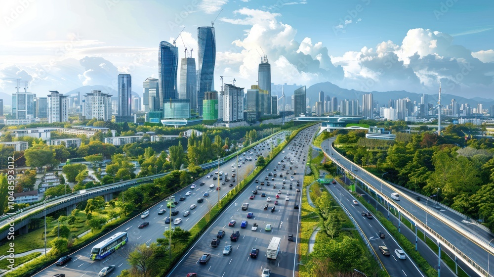 Fototapeta premium Cityscape with Freeway and Green Spaces