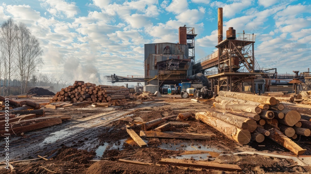 Fototapeta premium Industrial Sawmill with Stacked Logs and Rusty Equipment