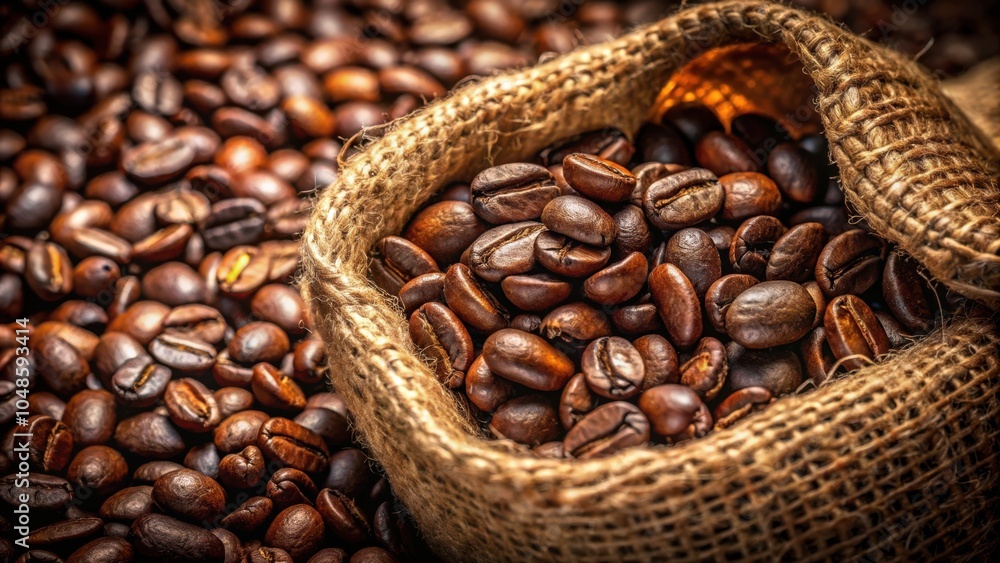 Fototapeta premium A burlap sack overflowing with rich, roasted coffee beans, their aroma filling the air with the promise of a delightful caffeine boost