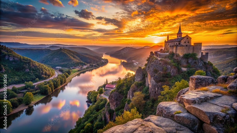 Dawn at Taibilla Castle Overlooking the Rocky Gorge and Taibilla River in Nerpio, Albacete, Spain Dawn at Taibilla Castle Overlooking the Rocky Gorge and Taibilla River in Nerpio, Albacete, Spain