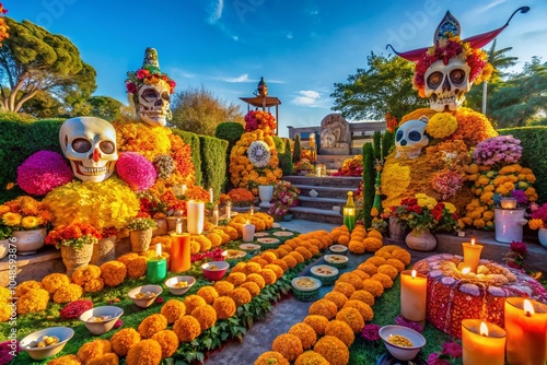 Day of the Dead Festival Garden: Vibrant Sugar Skulls, Marigolds, and Altar in Outdoor Celebration