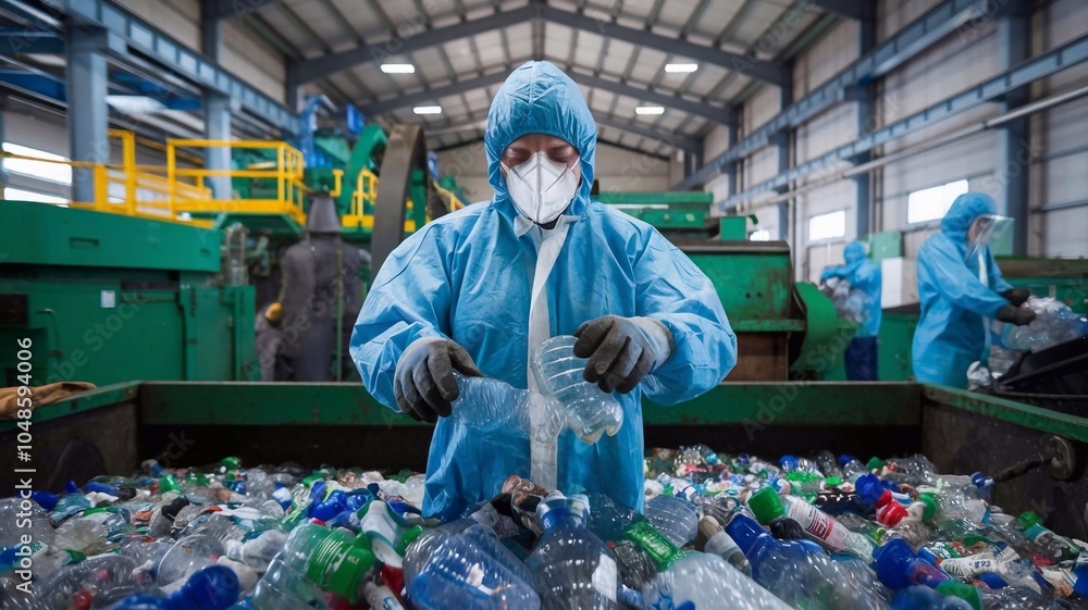 Obraz premium A worker goes through Plastic bottles at a garbage recycling plant. Waste management Concept