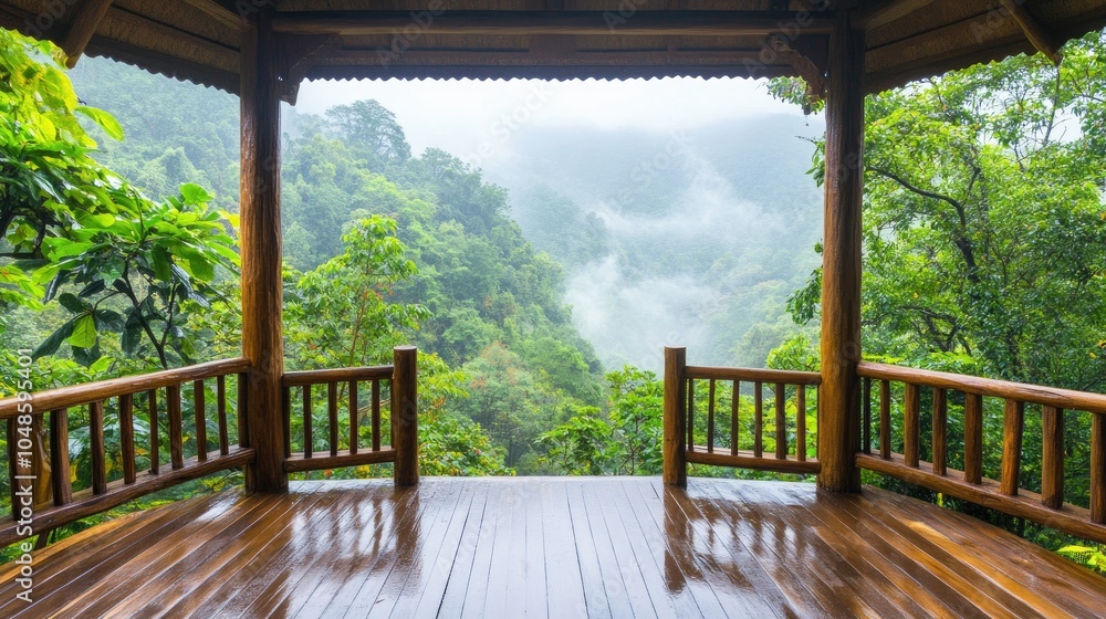 Serene Rainforest View from a Wooden Pavilion Serene Rainforest View from a Wooden Pavilion
