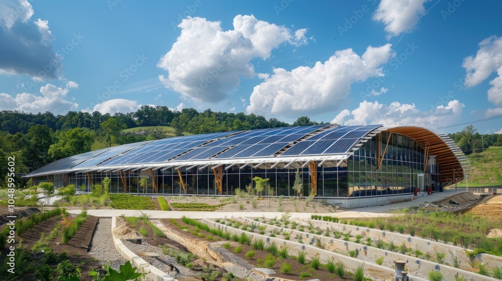 Modern building with solar panels and a landscaped garden Modern building with solar panels and a landscaped garden