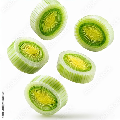 levitating chopped leek, isolated on white background