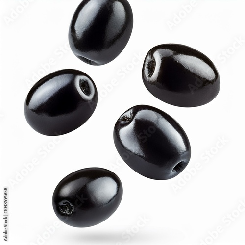 levitating black olives isolated on a white background