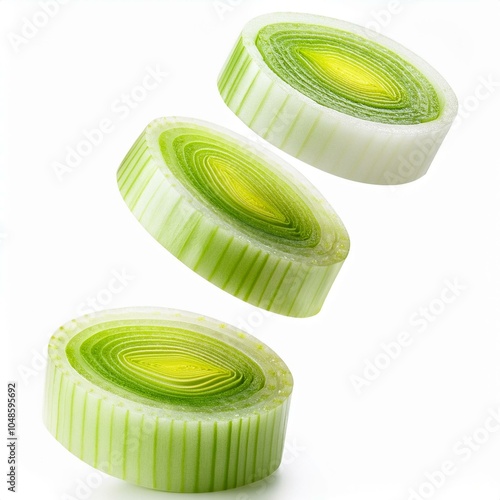 levitating chopped leek, isolated on white background