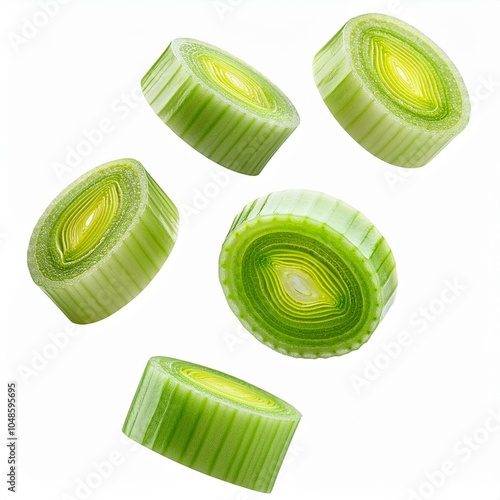 levitating chopped leek, isolated on white background