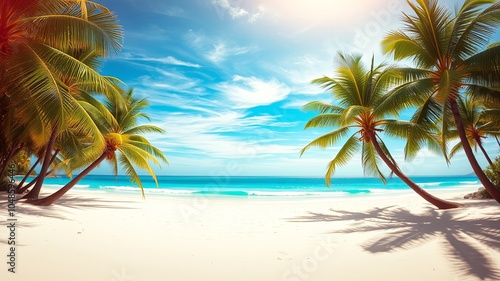 A serene coastal scene with swaying palm trees, soft white sand, and the gentle caress of azure waves under a sky adorned with fluffy white clouds.