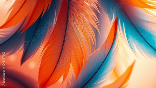 A symphony of vibrant hues as feathers dance in a kaleidoscope of orange and blue, creating a mesmerizing abstract art piece.