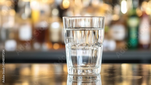 Clean, simple glass of water sitting on a polished bar counter, liquor bottles blurred in the backdrop