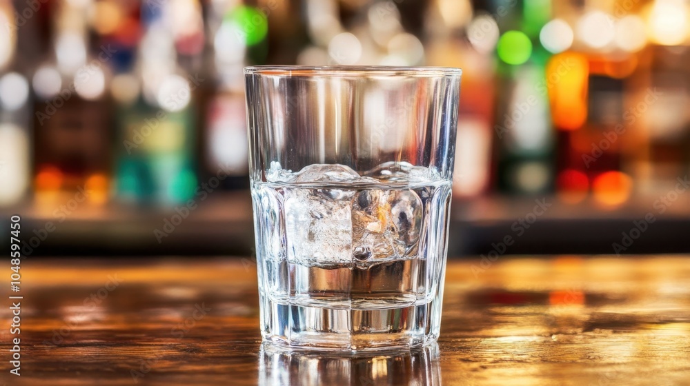 Clear water glass on a wooden bar with a blurred selection of vibrant liquor bottles in the background. Clear water glass on a wooden bar with a blurred selection of vibrant liquor bottles in the background.