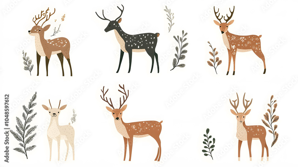 Naklejka premium A playful illustration of deer silhouettes featuring various species like reindeer and elk, perfect for a nature-themed design or holiday art