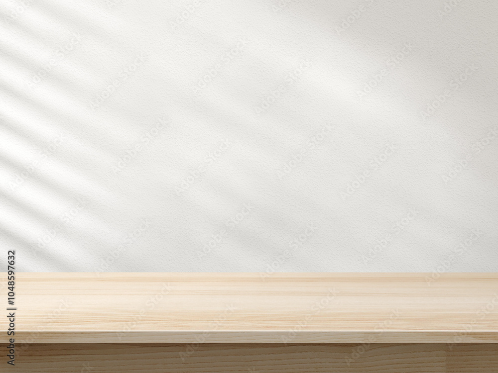 Minimalist Wooden table with Soft Light Shadows on White Wall Background, Concept for product presentation display. 3D illustration Minimalist Wooden table with Soft Light Shadows on White Wall Background, Concept for product presentation display. 3D illustration