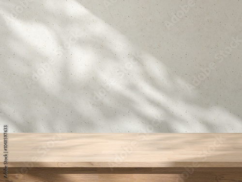 Fototapeta Naklejka Na Ścianę i Meble -  Natural Wood Table with Soft Sunlight Shadows on Rustic Concrete Wall Background, Concept for product presentation display. 3D illustration