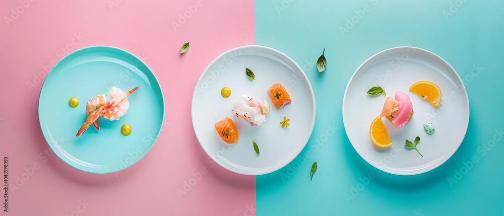 Fototapeta premium Vibrant plates, each adorned with unique colors and garnishes, illusion of delightful dining table