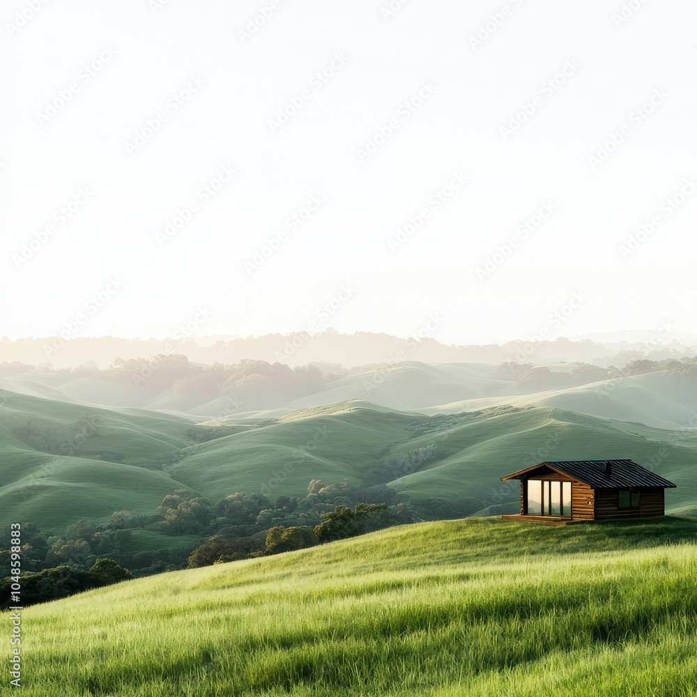Obraz premium A serene landscape showcasing rolling green hills and a solitary cabin.