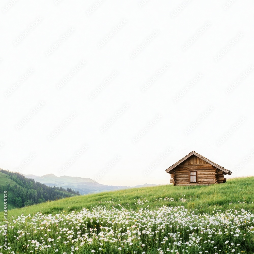 Charming wooden cabin on a serene green hillside, surrounded by blooming flowers. Charming wooden cabin on a serene green hillside, surrounded by blooming flowers.