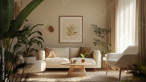 Warm and cozy composition of living room with mock up poster frame, modular sofa, white armchair, stylish coffee table, plants, beige curtain and personal accessories