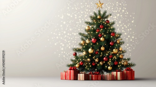 Beautifully decorated Christmas tree with gifts and festive lights in a cozy setting