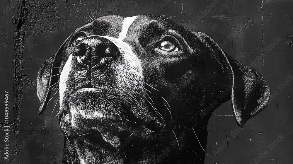 Obraz premium A striking black and white mural of a dog gazing upward on an urban wall