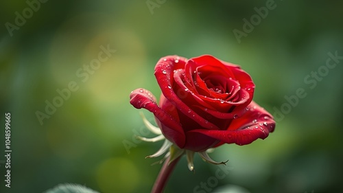 A Single Crimson Rose Glistens With Morning Dew, Its Petals Unfurling Against a Soft Green Background