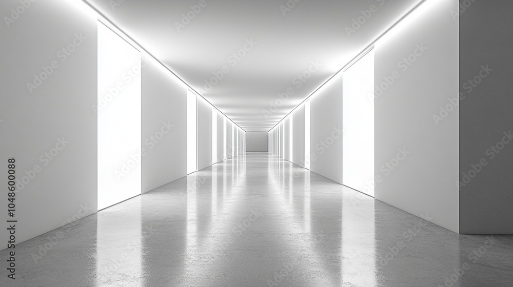 Obraz premium Modern minimalist corridor with bright lights and reflective floor in a contemporary building