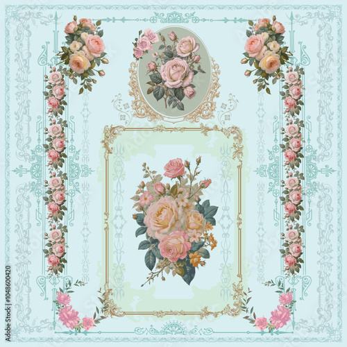  Vintage Victorian shabby chic pastel blue decorative wallpaper. Retro pastel color floral design. Baroque mural illustration