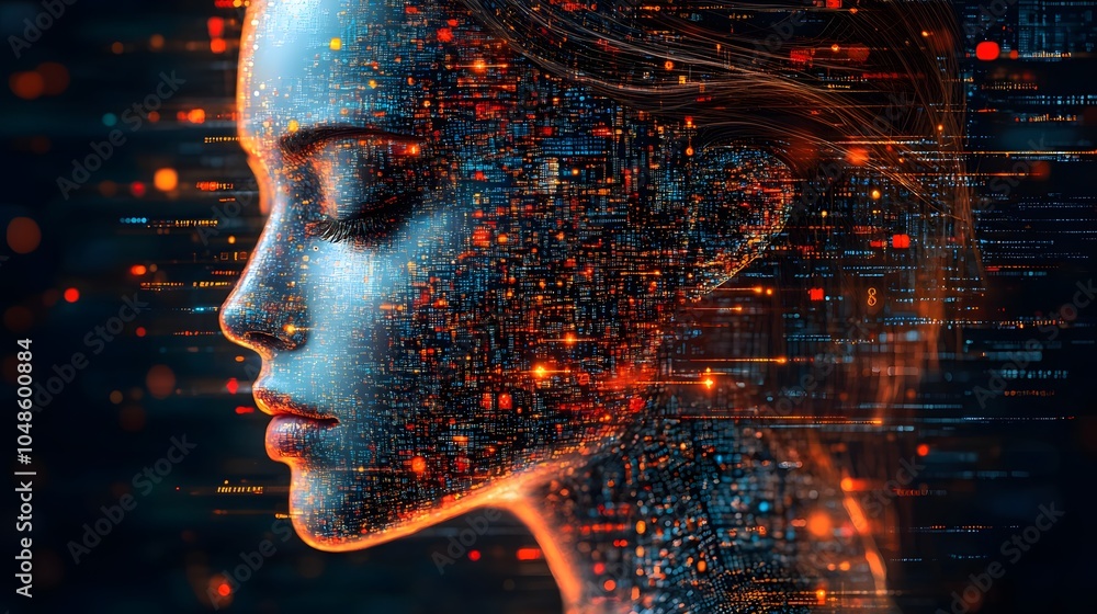 Immersive AI experience, hyper-personalized content, holographic data points, futuristic background, glowing details Immersive AI experience, hyper-personalized content, holographic data points, futuristic background, glowing details