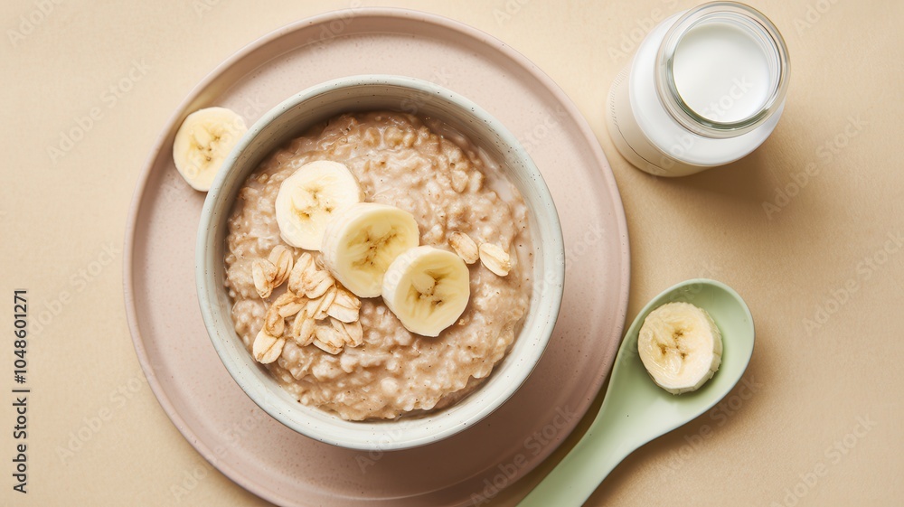 Oatmeal Bowl with Fruit and Small Cakes on Beige Surface Oatmeal Bowl with Fruit and Small Cakes on Beige Surface