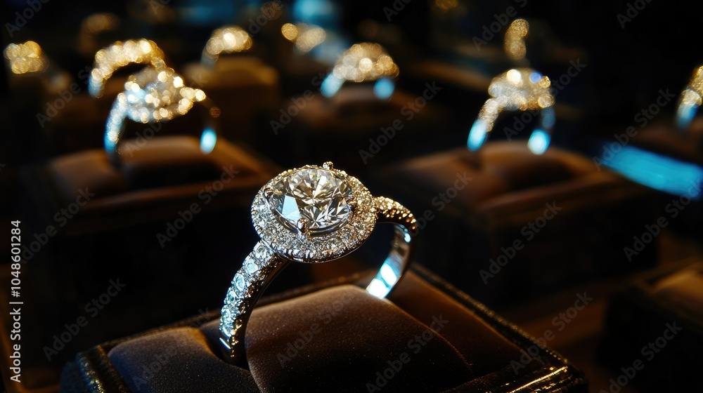 Elegant Diamond Rings Displayed in Plush Setting Elegant Diamond Rings Displayed in Plush Setting