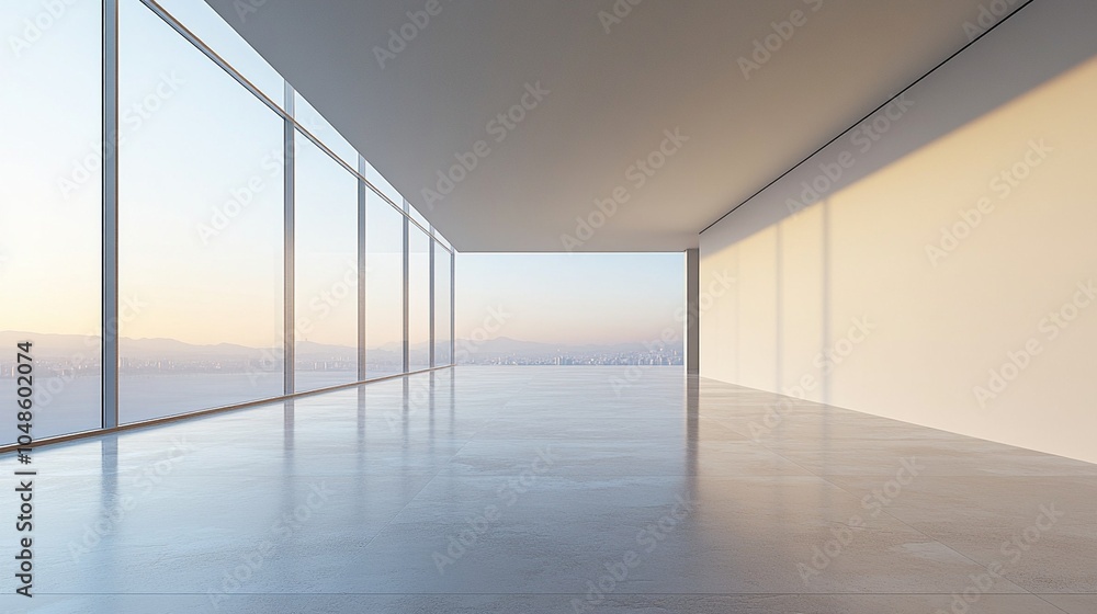 Obraz premium Modern empty interior space with large windows capturing soft evening light in a serene setting