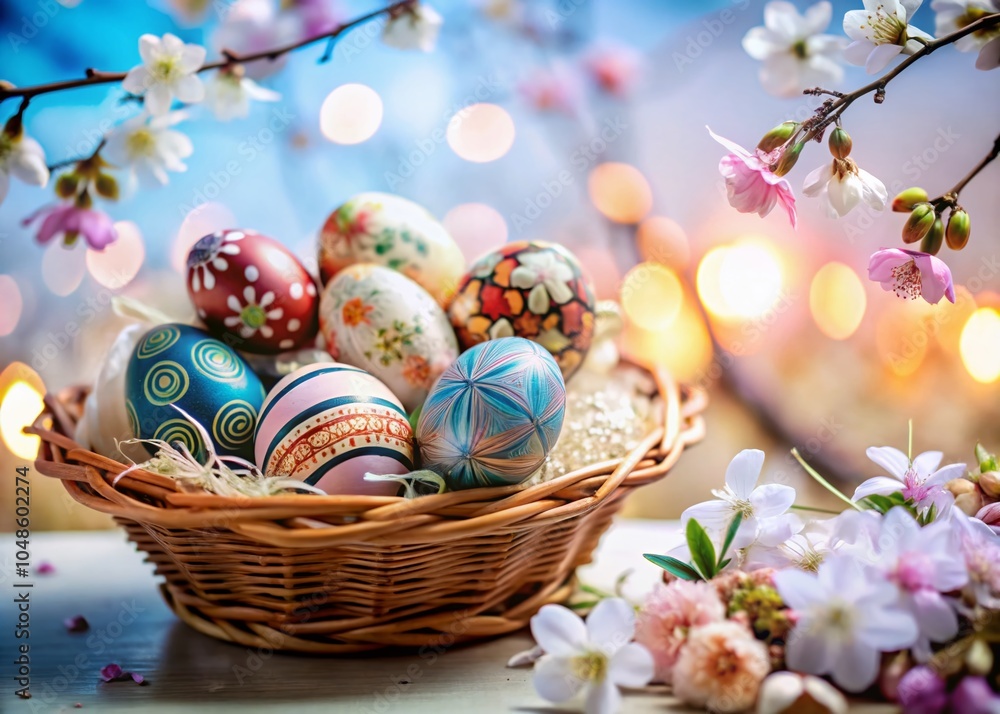 Elegant Easter Eggs in a Basket with Spring Motifs for a Captivating Long Exposure Effect Elegant Easter Eggs in a Basket with Spring Motifs for a Captivating Long Exposure Effect