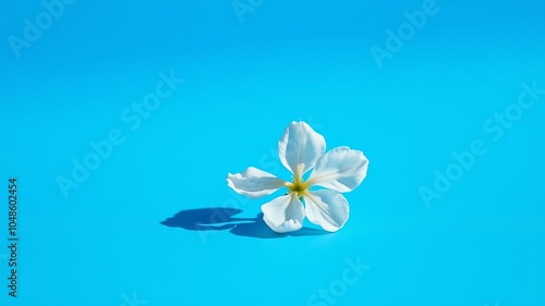 A solitary white flower with delicate petals rests upon a bright blue background, its shadow stretching out like a whispered story.