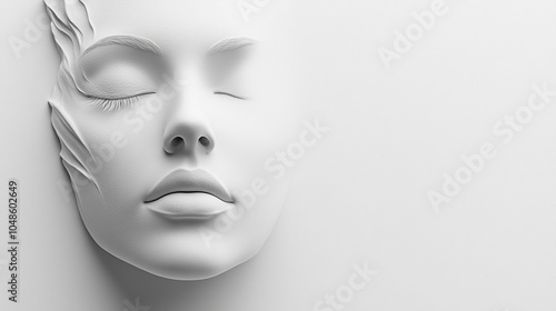 A serene white sculpture of a face with elegant details set against a simple background