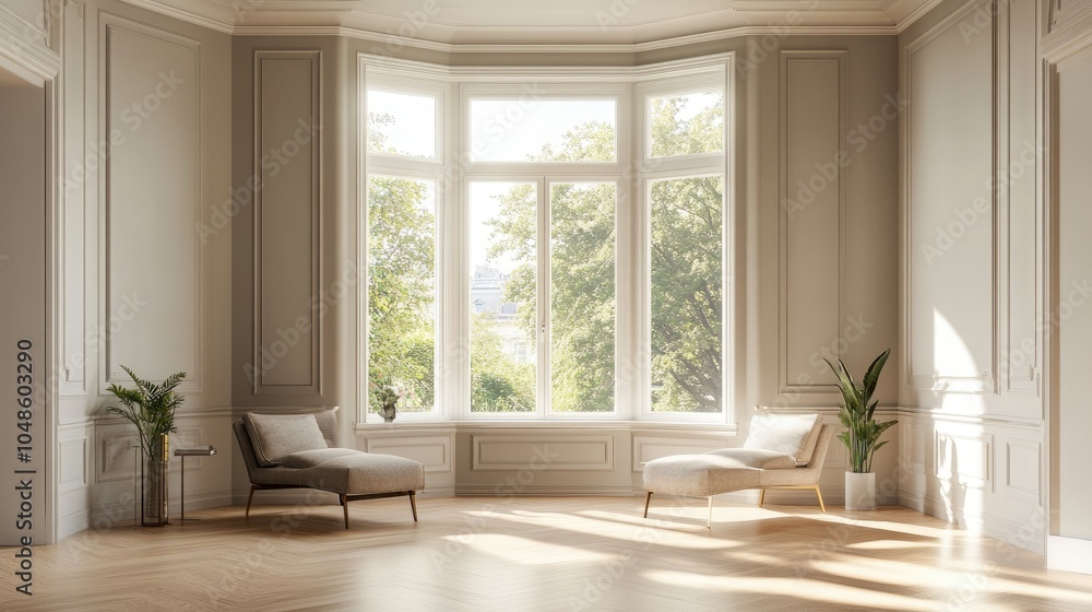 Fototapeta premium Bright and Airy Empty Living Room with Large Windows