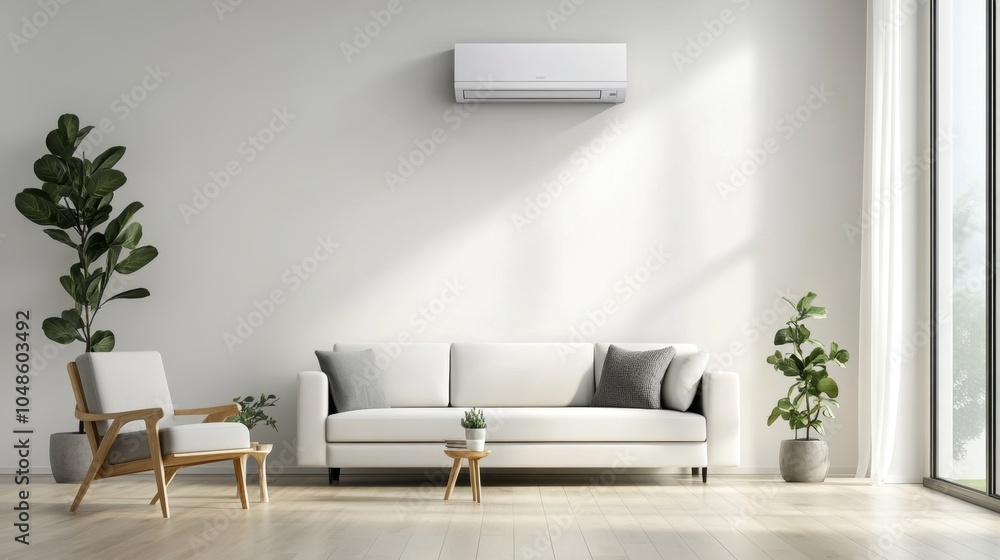 Modern air conditioner mounted on a white wall in a bright room, cooling the space on a hot summer day. Modern air conditioner mounted on a white wall in a bright room, cooling the space on a hot summer day.