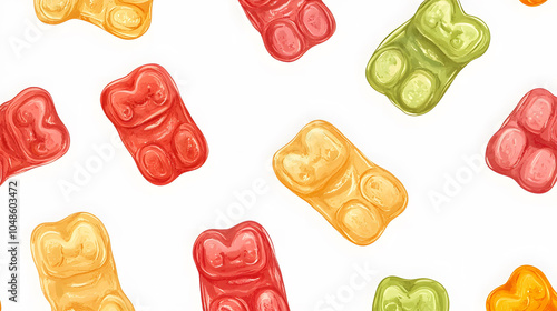 Colorful seamless candy pattern with hearts and love symbols, featuring gummy bears and sweet treats in red, yellow, and green, perfect for Valentine's Day