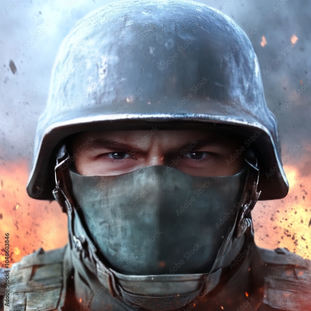 A close-up of a soldier in a helmet and mask against a fiery background. A close-up of a soldier in a helmet and mask against a fiery background.