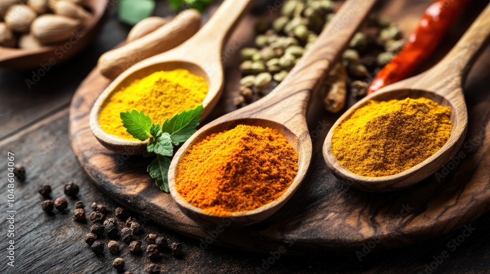 Colorful Spices in Wooden Spoons on a Rustic Table Colorful Spices in Wooden Spoons on a Rustic Table