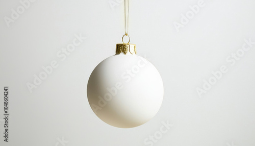 A simple white Christmas ornament hangs against a light background, symbolizing holiday decoration and festive spirit.