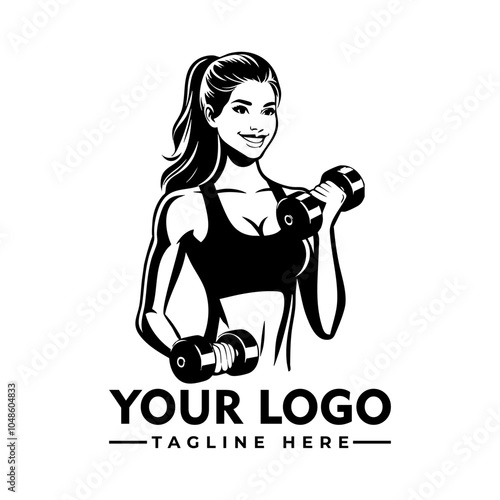 Woman lifting weights, smiling, strong, fit, healthy vector logo Woman lifting weights with a smile, strong and fit, representing health and fitness. Suitable for workout, gym, fitness concepts.