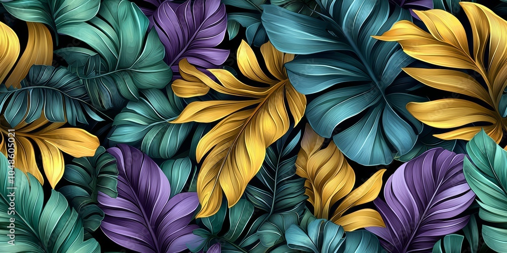 Seamless of Vibrant Tropical Leaves Pattern In Lush Green Yellow and Purple Colors Seamless of Vibrant Tropical Leaves Pattern In Lush Green Yellow and Purple Colors