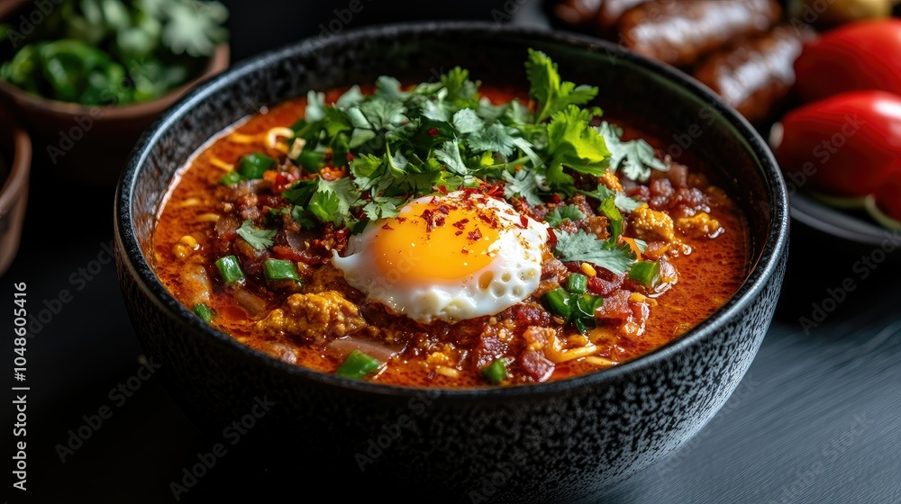 Delicious Spicy Soup with Egg and Fresh Herbs Delicious Spicy Soup with Egg and Fresh Herbs