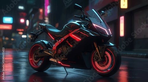 Futuristic Black and Red Motorcycle on Neon-Lit Wet Street at Night