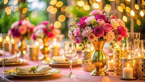 Elegant Wedding Table Setting with Pink Floral Centerpiece and Golden Accents