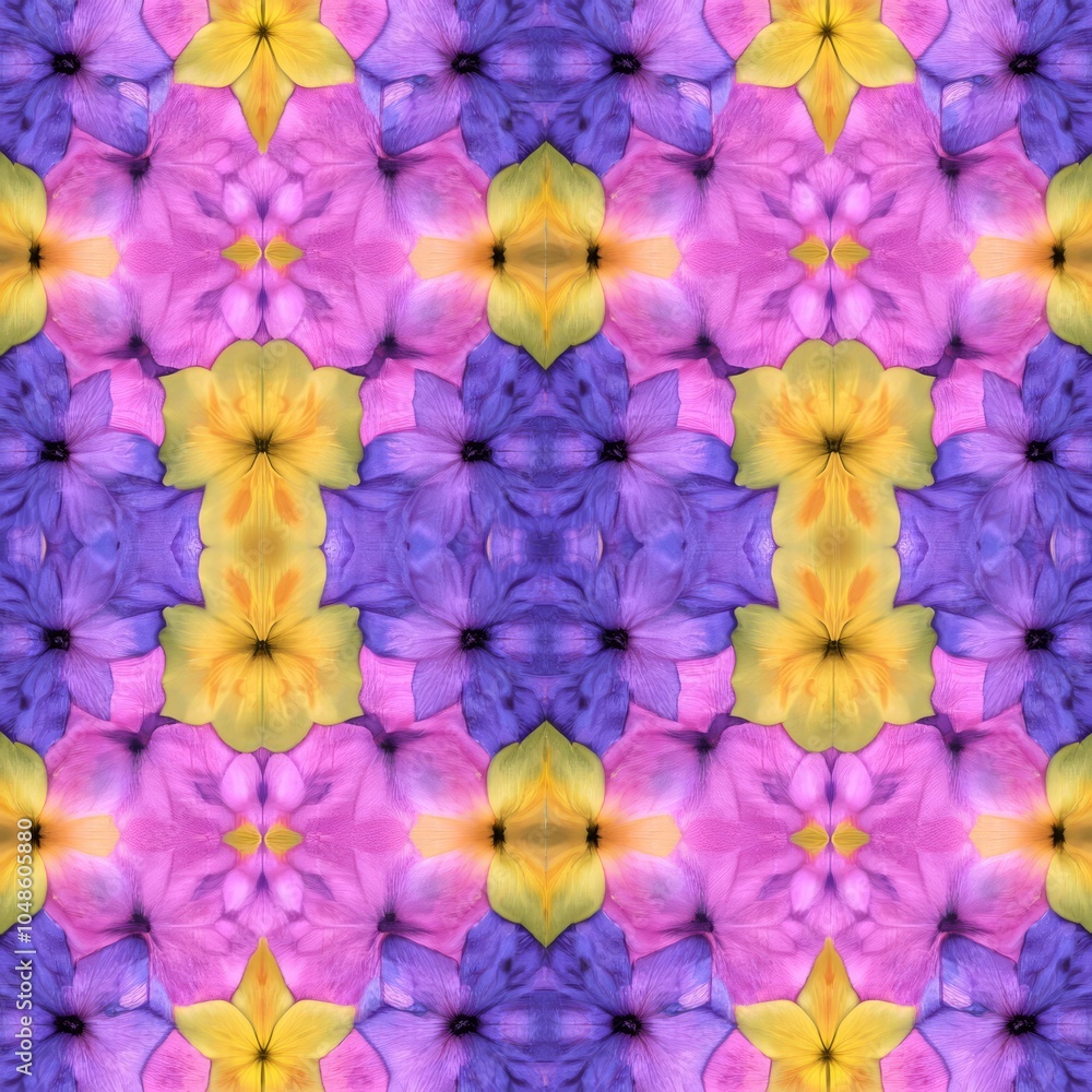 A vibrant floral pattern featuring purple, pink, and yellow flowers. A vibrant floral pattern featuring purple, pink, and yellow flowers.