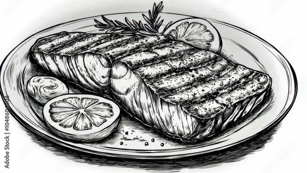 A grilled salmon fillet with lemon slices and rosemary sits on a plate A grilled salmon fillet with lemon slices and rosemary sits on a plate